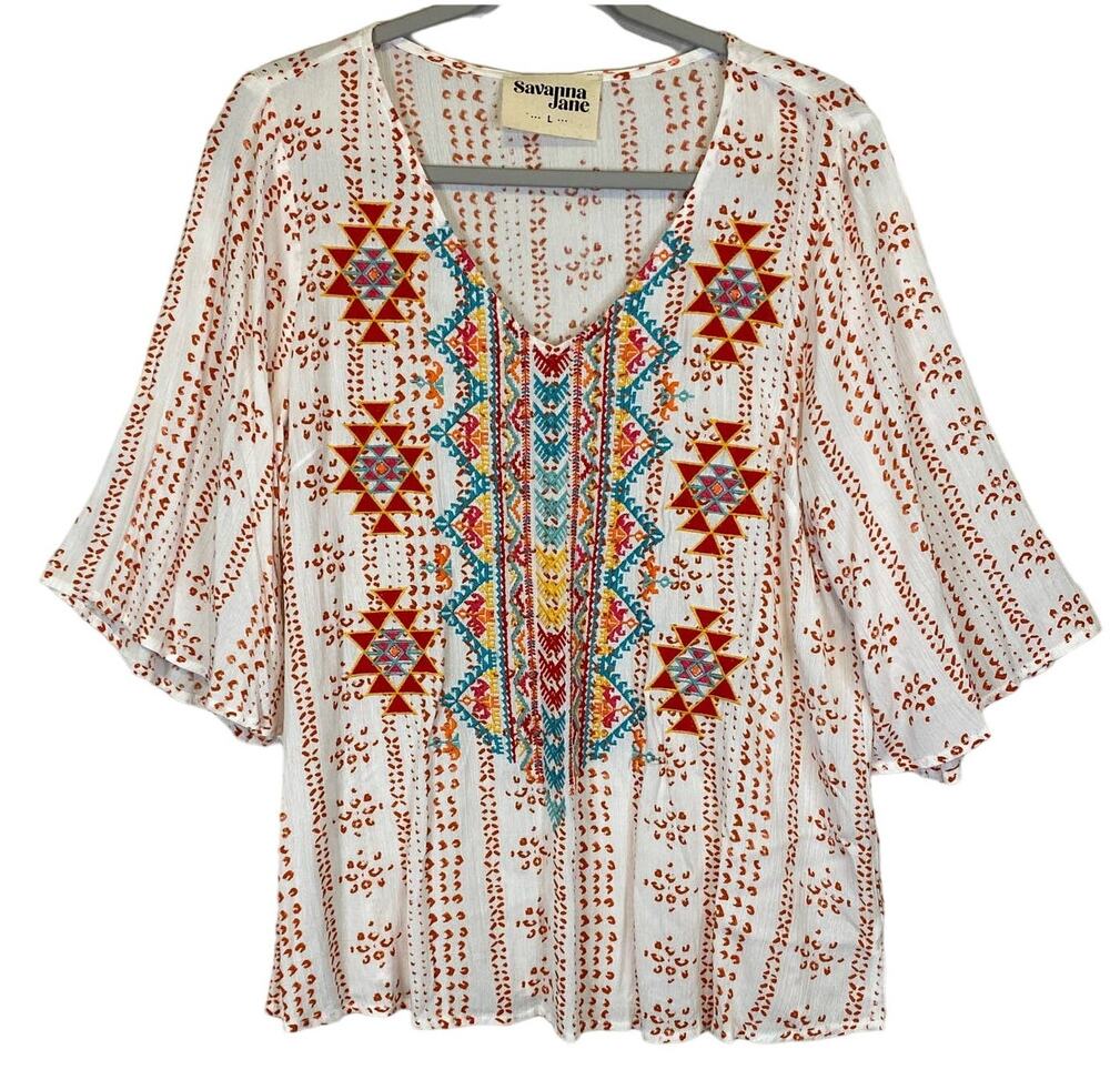 Savanna Jane Boho Gauzy Embroidered Top White V Neck 3/4 Sleeve Artsy Casual